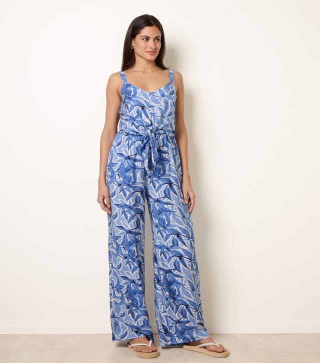 Blue Vanilla Women's Blue Leaf Print Tie Front Jumpsuit Blue Vanilla New Look - 3