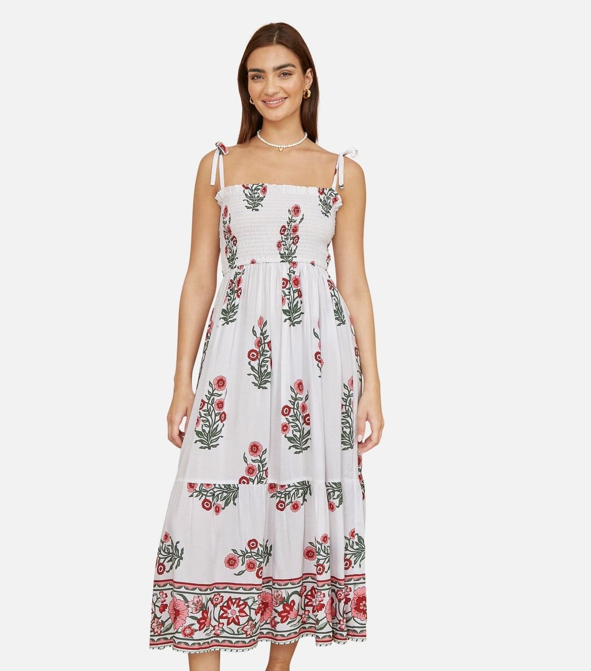 Yumi Women's White Flower Print Smocked Sun Dress Yumi New Look