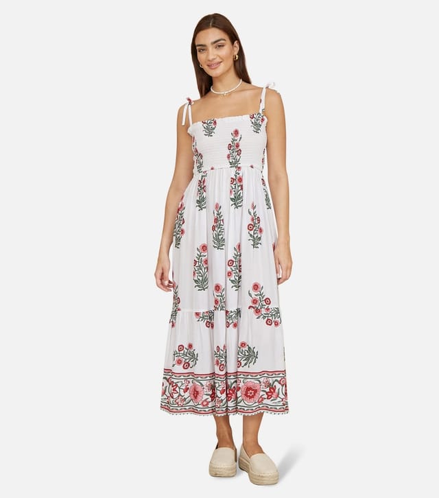 Yumi Women's White Flower Print Smocked Sun Dress Yumi New Look - 2