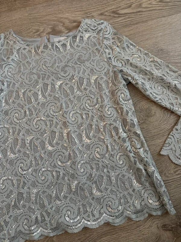 Per Una Per Una Size 14 Silver Lace Top Metallic Shimmer Occasion Blouse Scallop Hem Party Evening Top