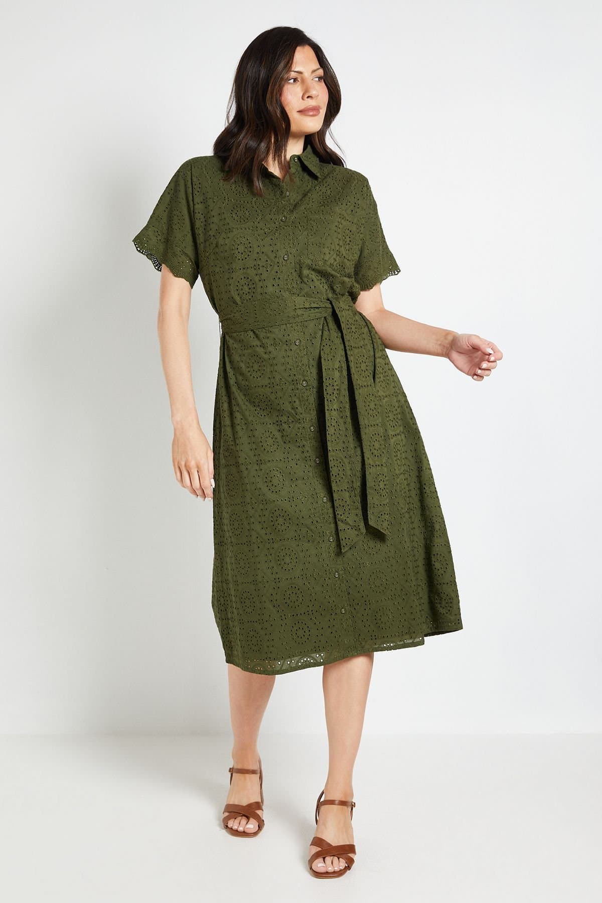 Wallis Wallis Women's Summer Broderie Shrit Dress in Khaki