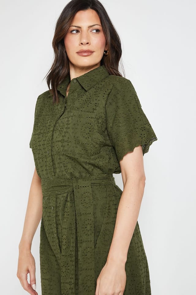Wallis Wallis Women's Summer Broderie Shrit Dress in Khaki - 2