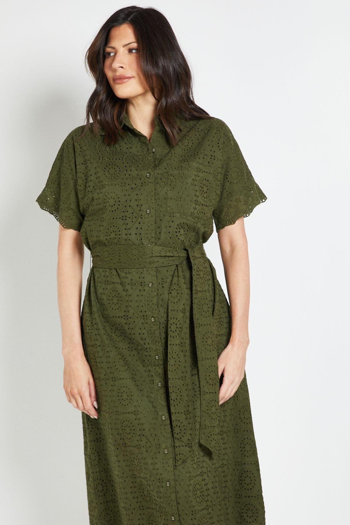 Wallis Wallis Women's Summer Broderie Shrit Dress in Khaki - 4
