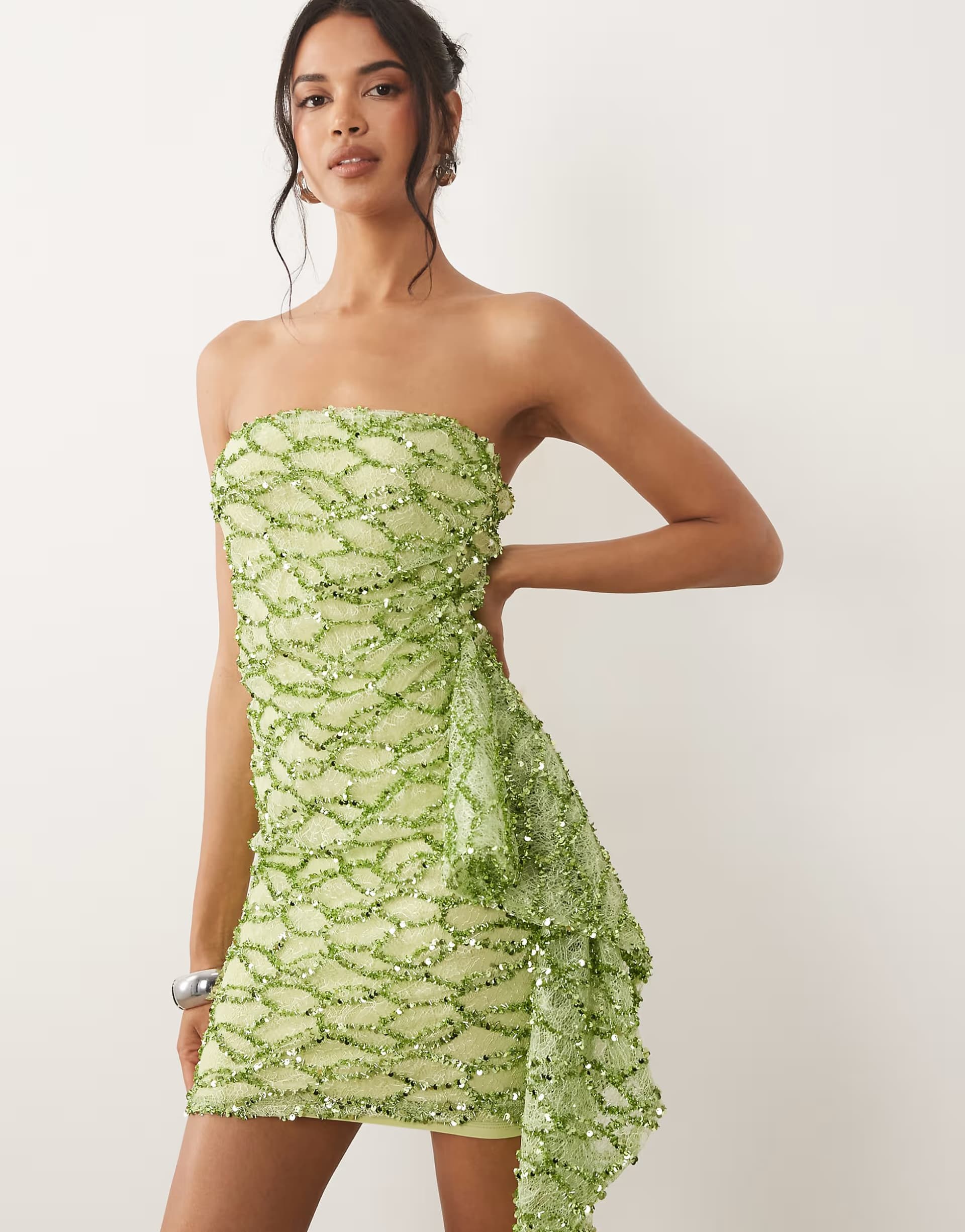 ASOS ASOS DESIGN lace sequin bandeau mini dress with scarf detail in lime