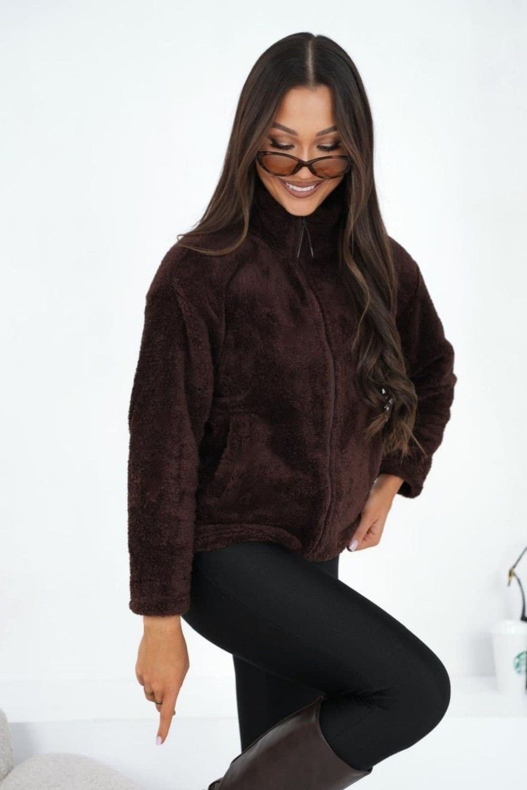 Love Lace Love Lace Women's Teddy Bear Zip Up High Collar Sweatshirt in Brown