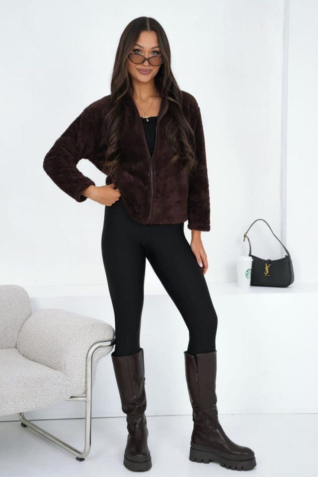 Love Lace Love Lace Women's Teddy Bear Zip Up High Collar Sweatshirt in Brown - 2