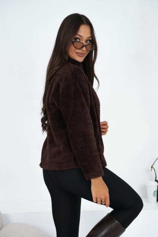 Love Lace Love Lace Women's Teddy Bear Zip Up High Collar Sweatshirt in Brown - 3