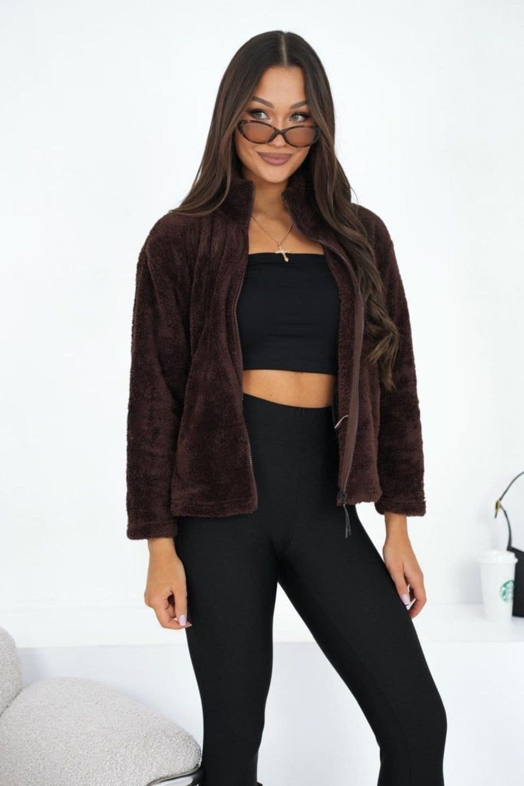 Love Lace Love Lace Women's Teddy Bear Zip Up High Collar Sweatshirt in Brown - 4