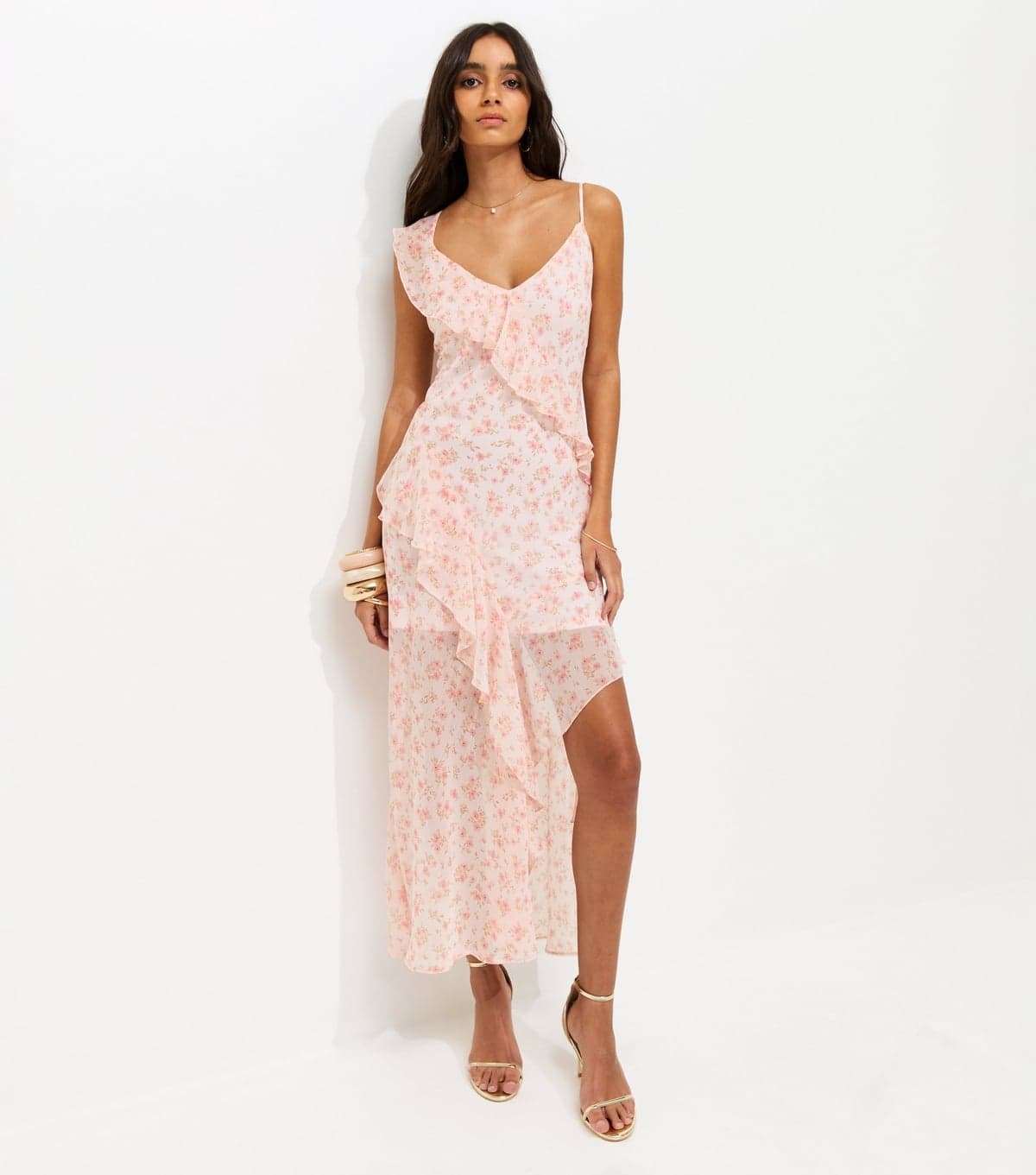 New Look Women's Light Pink Floral Chiffon Ruffle Midi Dress New Look