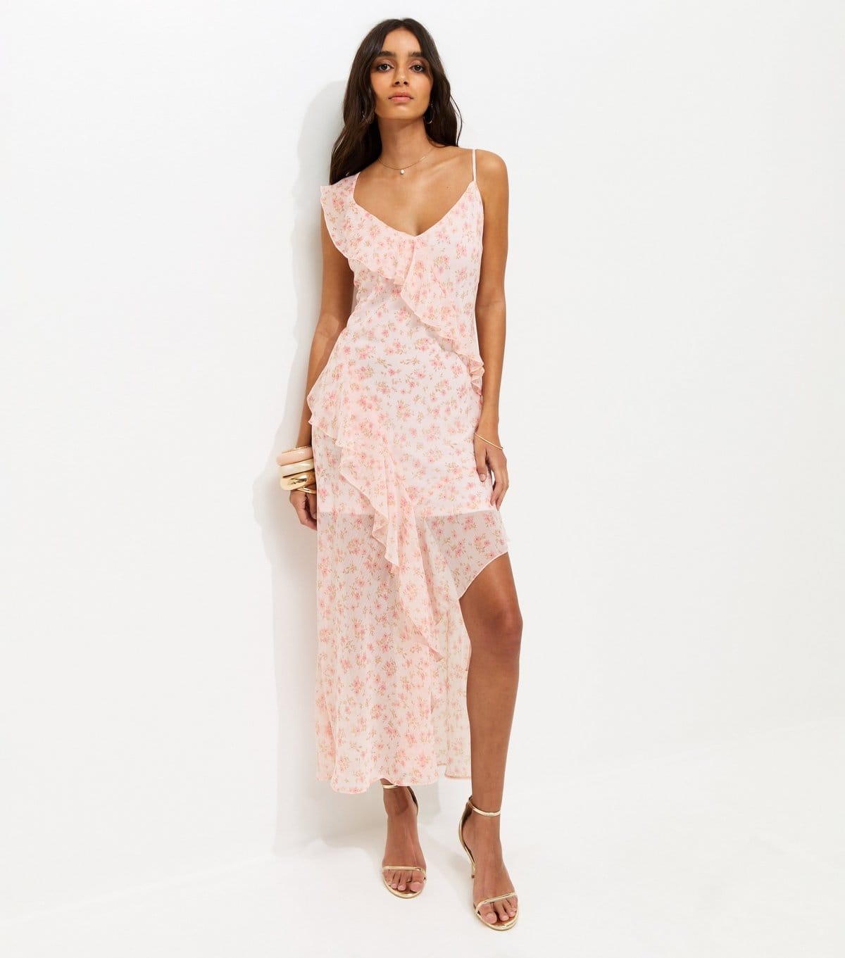 New Look Light Pink Floral Chiffon Ruffle Midi Dress