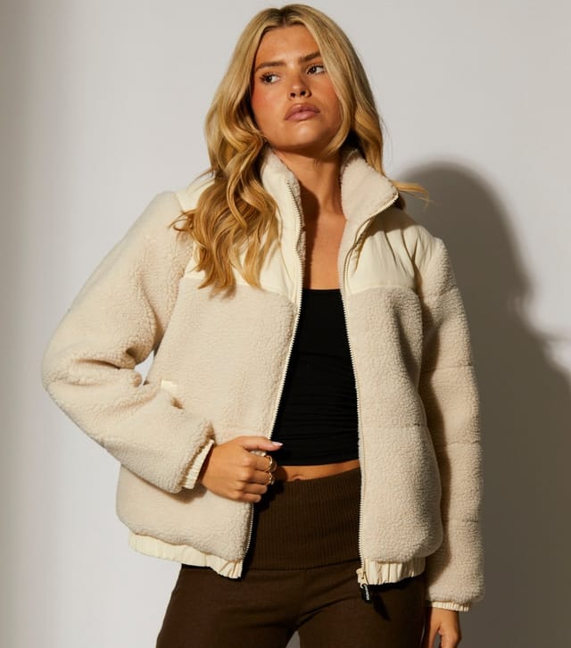 South Beach Women's Cream Contrast Panel Borg Zip Up Jacket South Beach New Look - 2