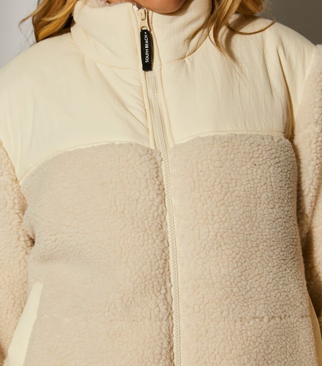 South Beach Women's Cream Contrast Panel Borg Zip Up Jacket South Beach New Look - 3