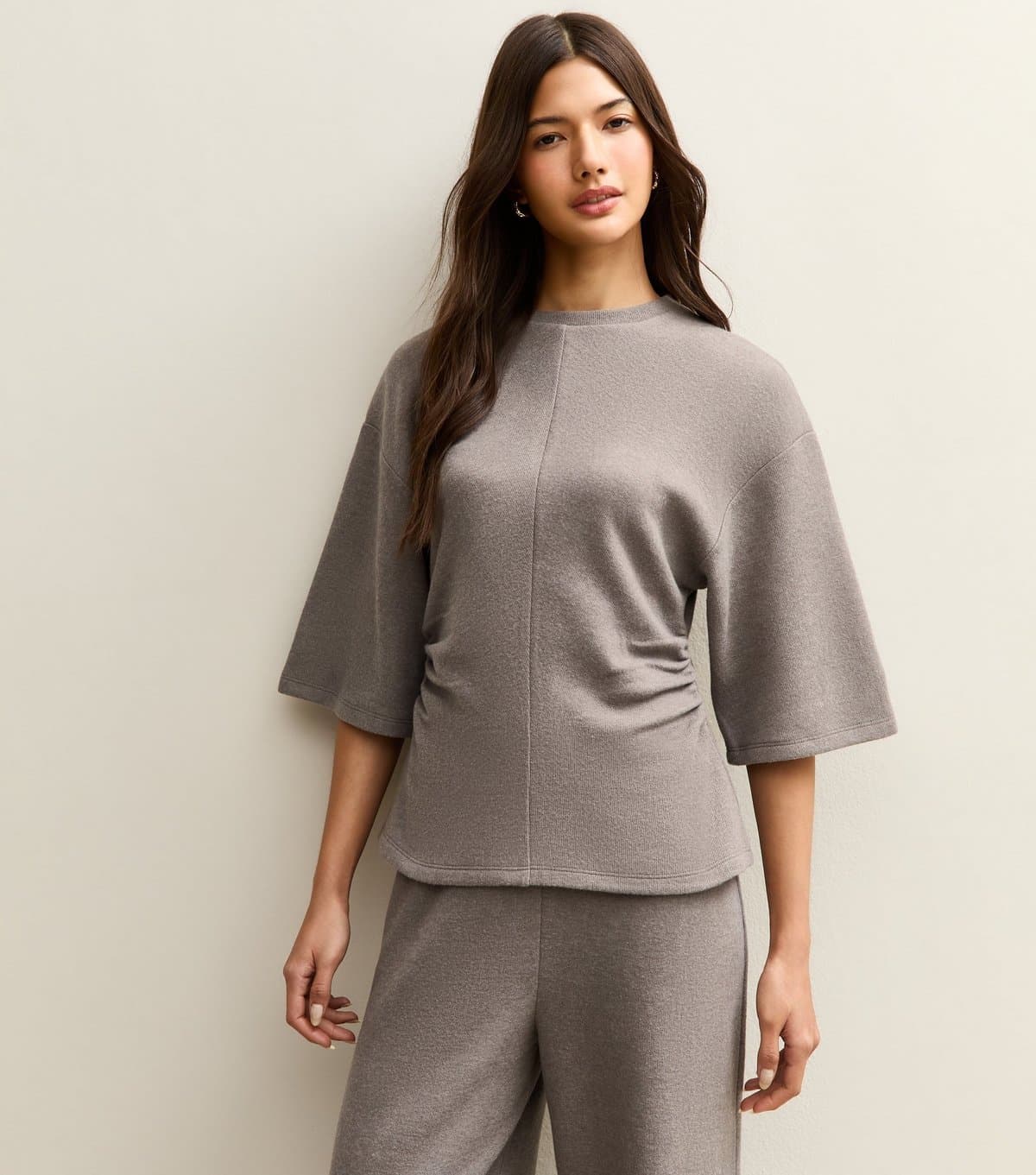 New Look Women's Mid Grey Soft Touch Ruched Waist Top New Look