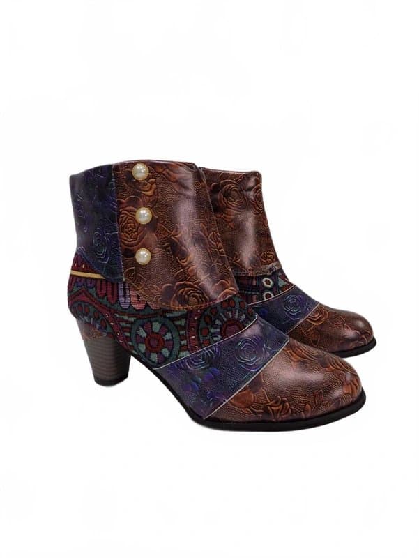 Unbranded Boho Ankle Boots Block Heel Mid UK 8 EU 42 Womens Patterned Zip Round Toe Smart