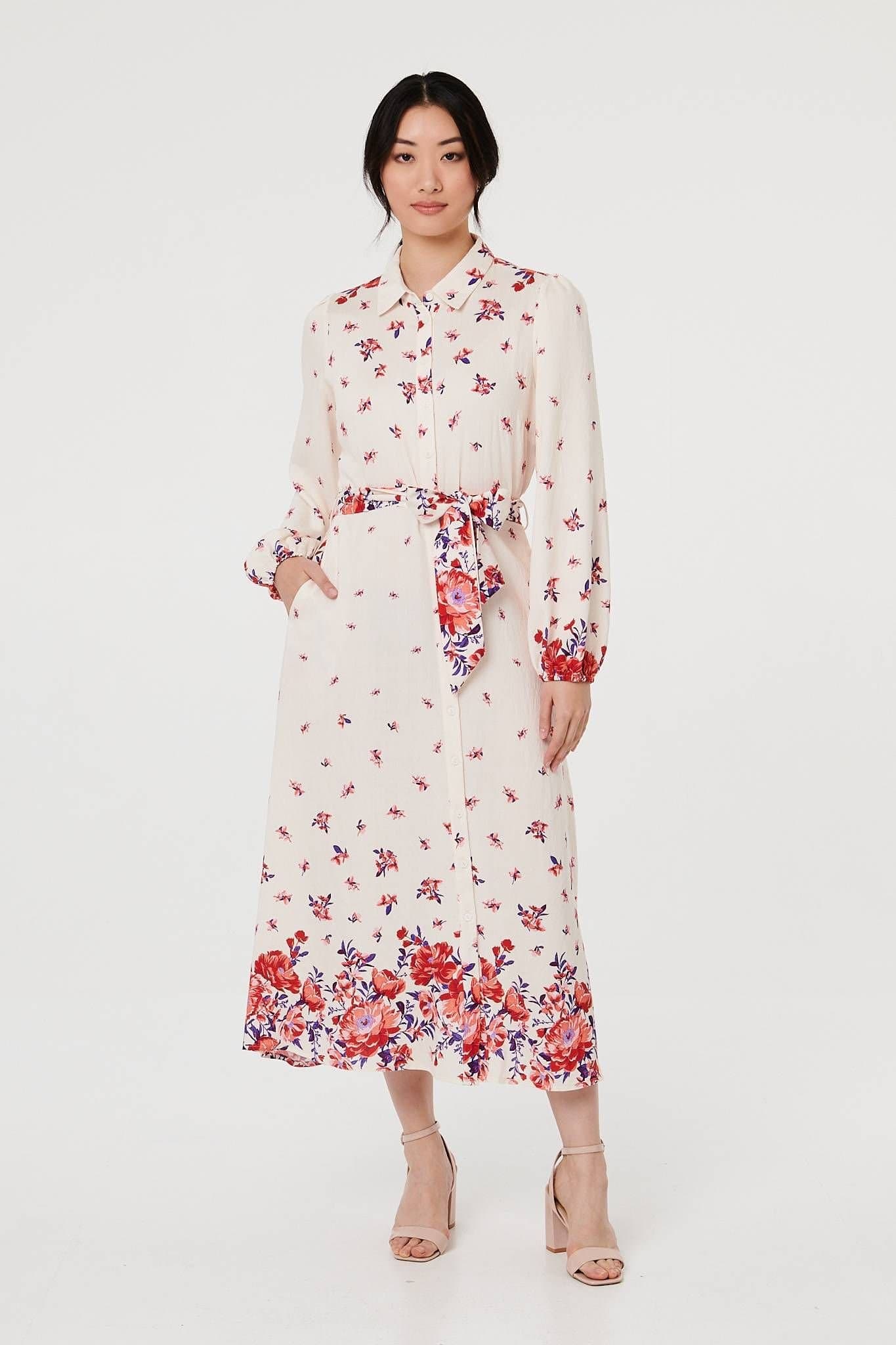 Izabel London Izabel London Women's Floral Border Tie Waist Midi Shirt Dress in Ecru