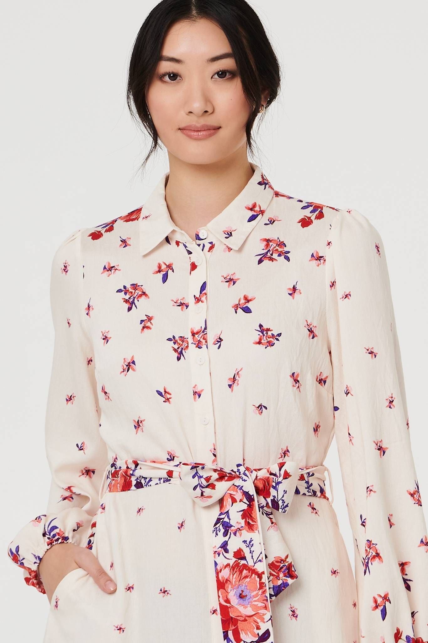 Izabel London Izabel London Women's Floral Border Tie Waist Midi Shirt Dress in Ecru - 2