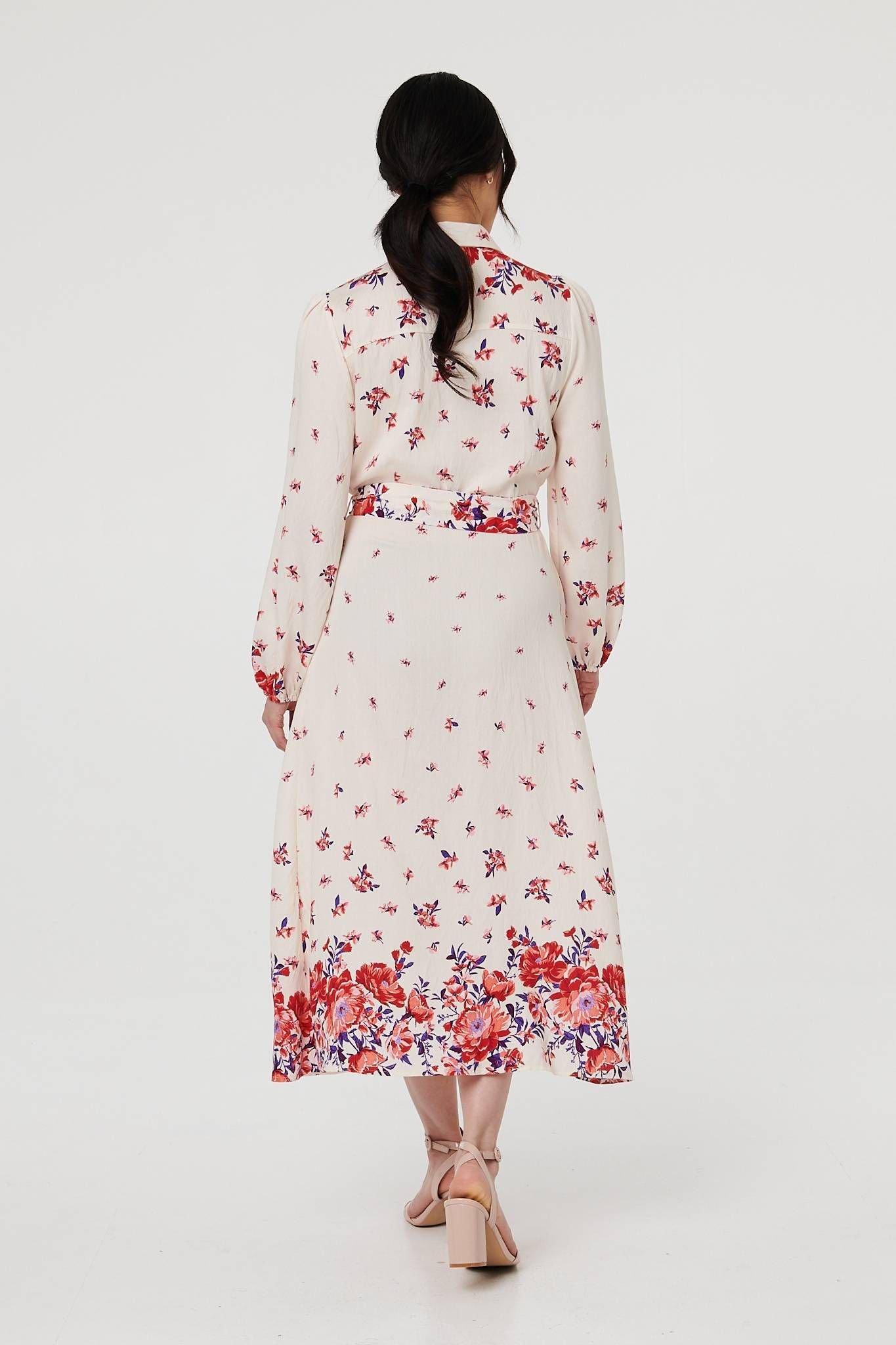 Izabel London Izabel London Women's Floral Border Tie Waist Midi Shirt Dress in Ecru - 3