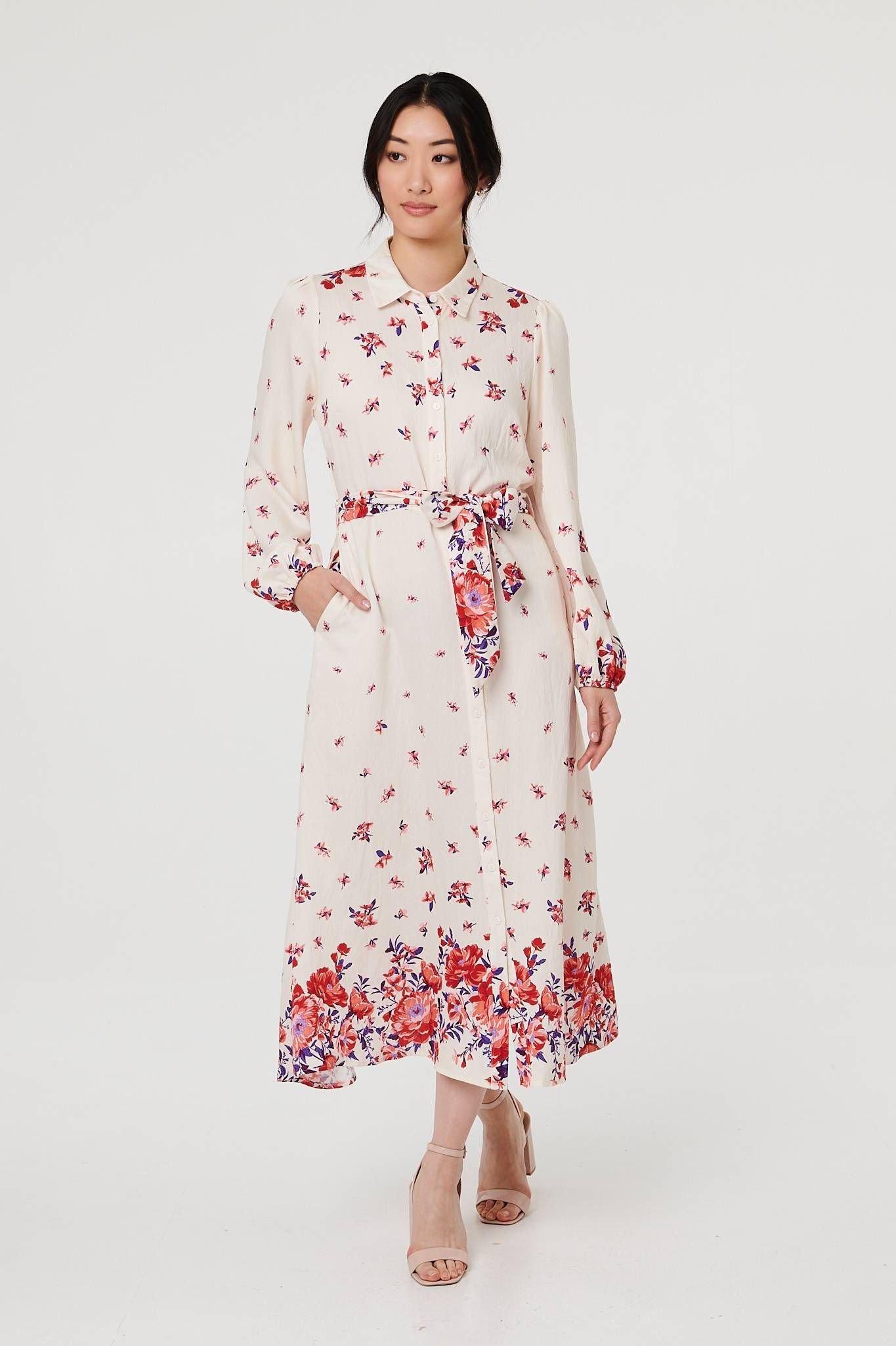 Izabel London Izabel London Women's Floral Border Tie Waist Midi Shirt Dress in Ecru - 4