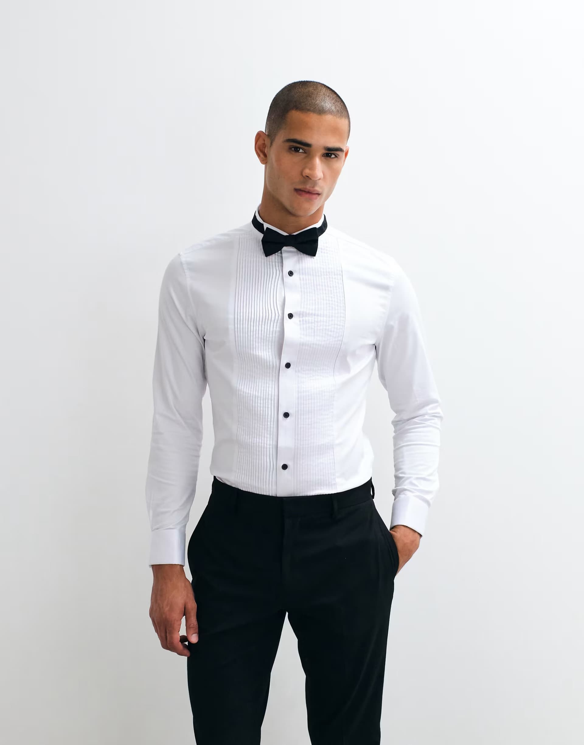 ASOS ASOS DESIGN slim fit sateen shirt with bib detail and wing collar in white
