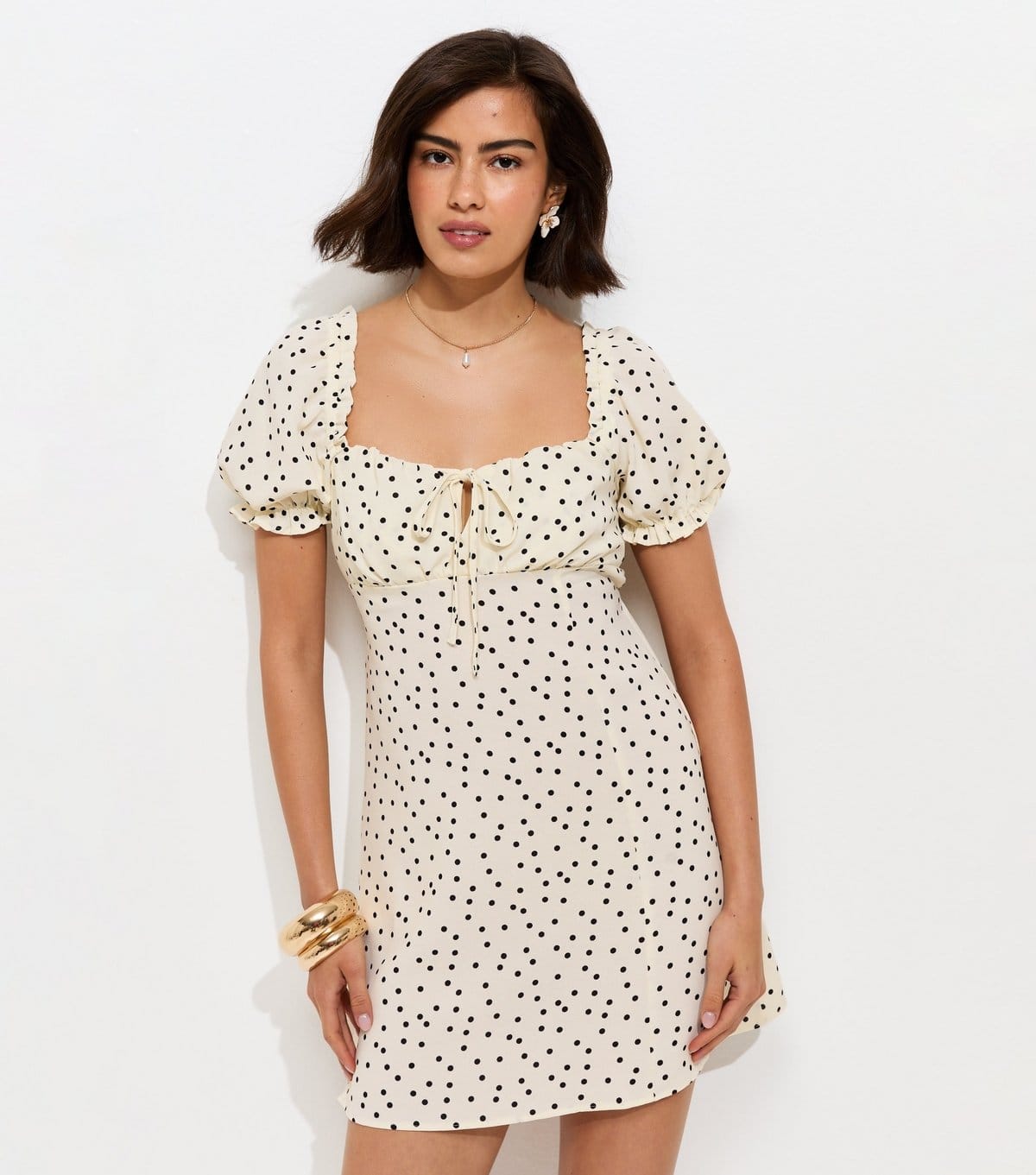 New Look White Spot Print Milkmaid Mini Dress