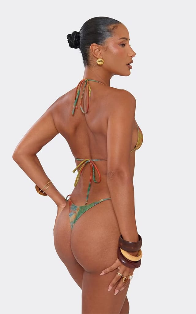 EGO Beaded Ring Trim Detail Triangle Tie Side Bikini Set In Multi Abstract Print, Women's Size UK 6 - 2