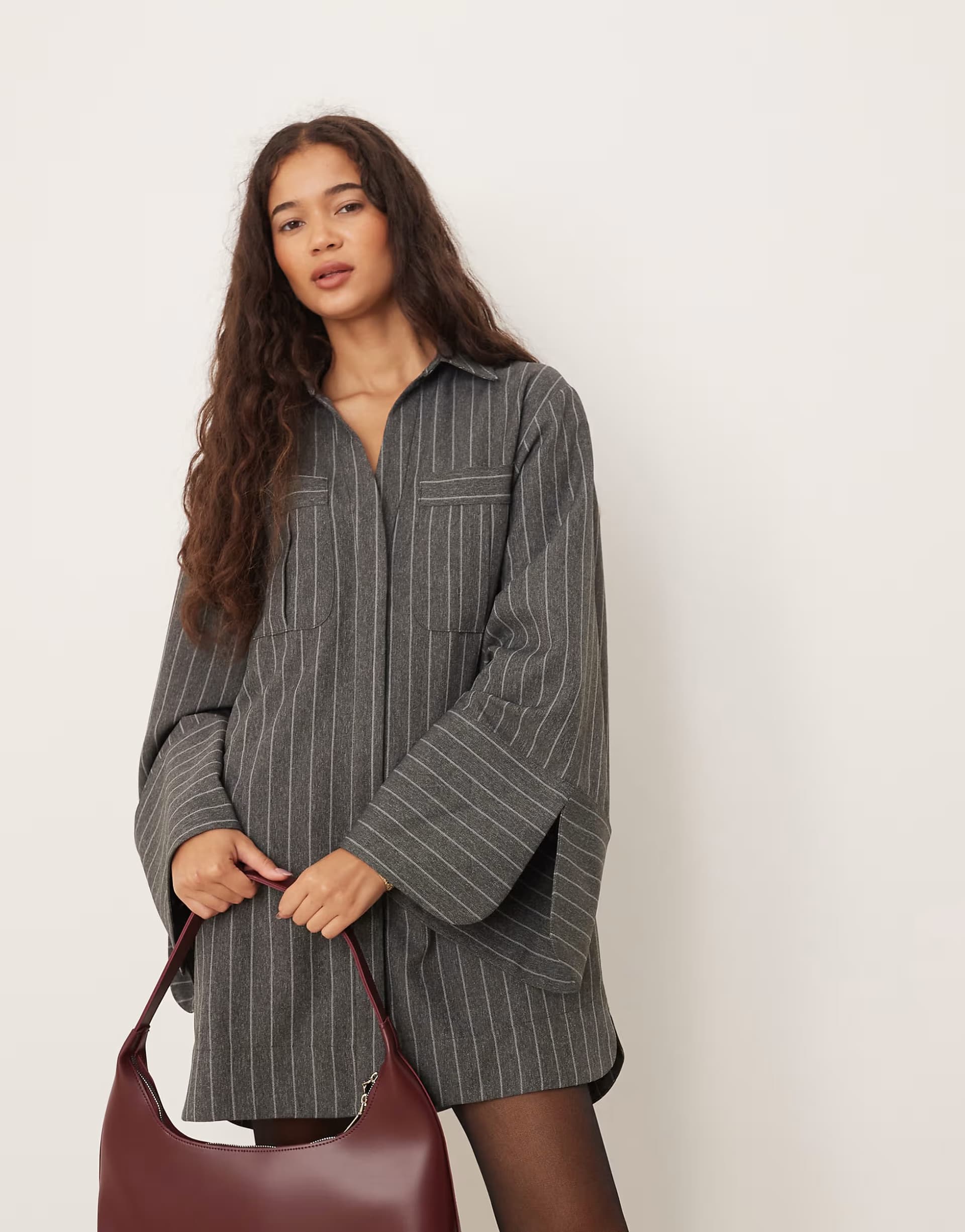 ASOS ASOS DESIGN mini shirt dress with wide cuffs and oversized pockets in grey pinstripe
