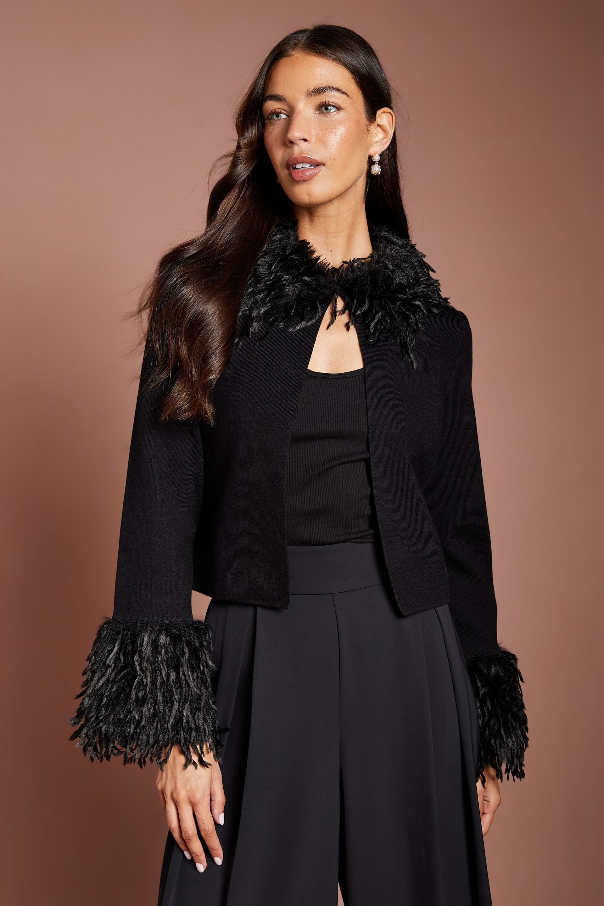 Coast Coast Women's Feather Detail Concealed Button Knitted Cardigan in Black