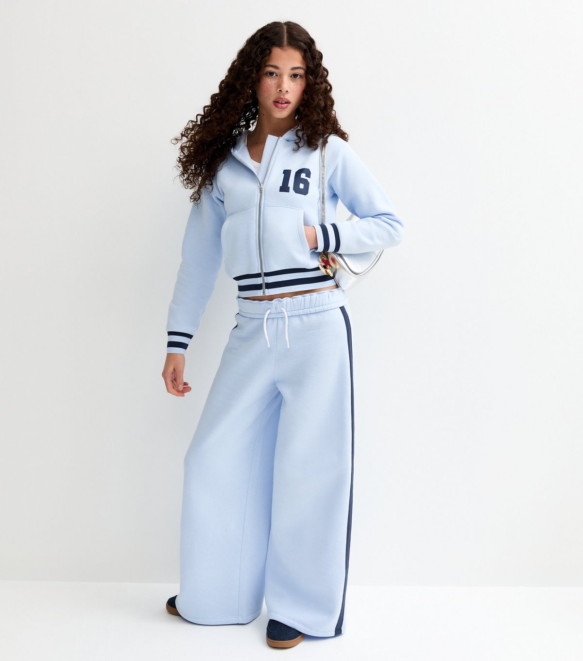 New Look Girls' Light Blue Fold Over Waistband Side Stripe Joggers New Look - 2