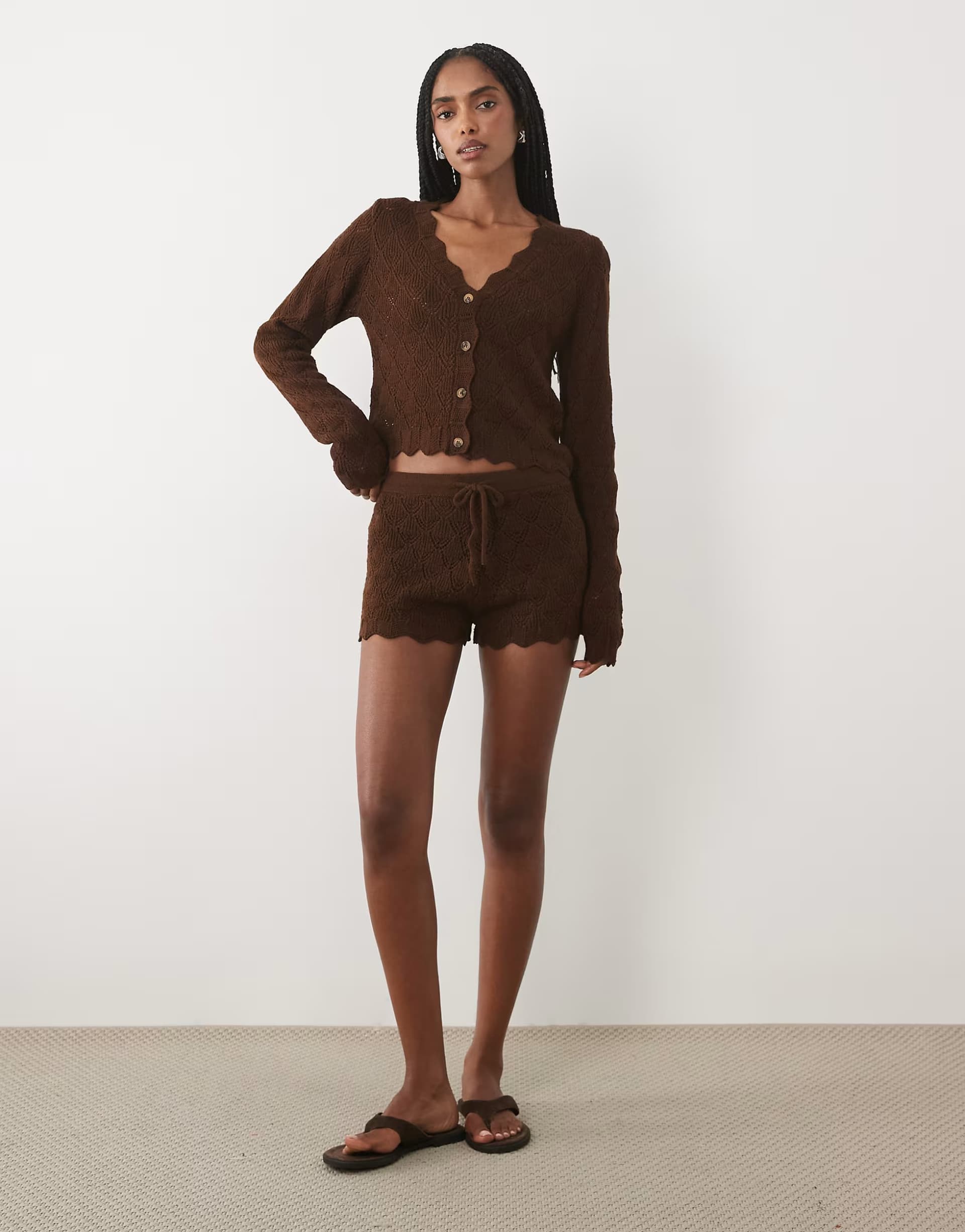 ASOS Miss Selfridge knitted crochet v-neck cardigan & shorts co-ord in chocolate brown