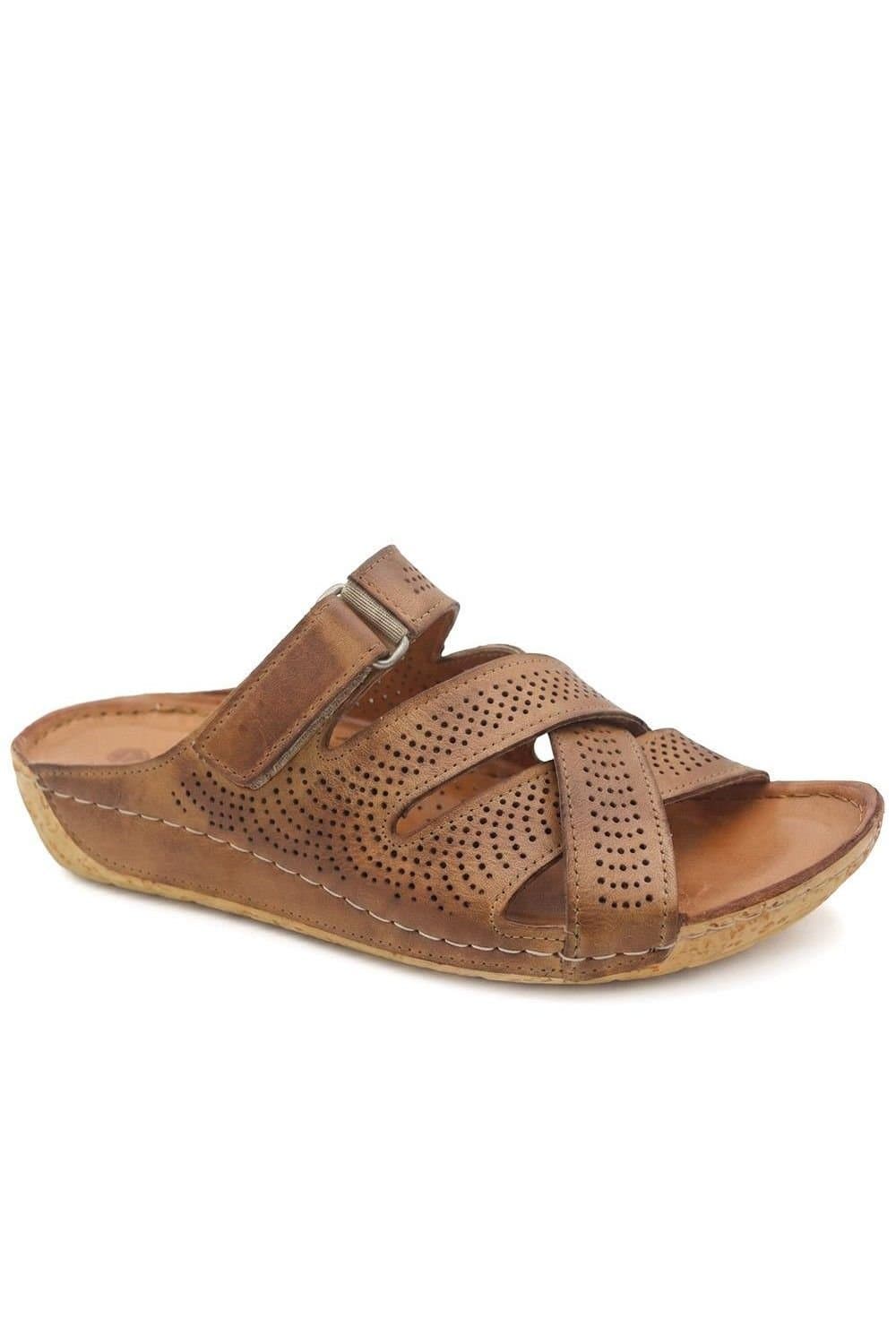 Pavers Pavers Women's Leather Cut-Out Adjustable Strap Sandals in Tan