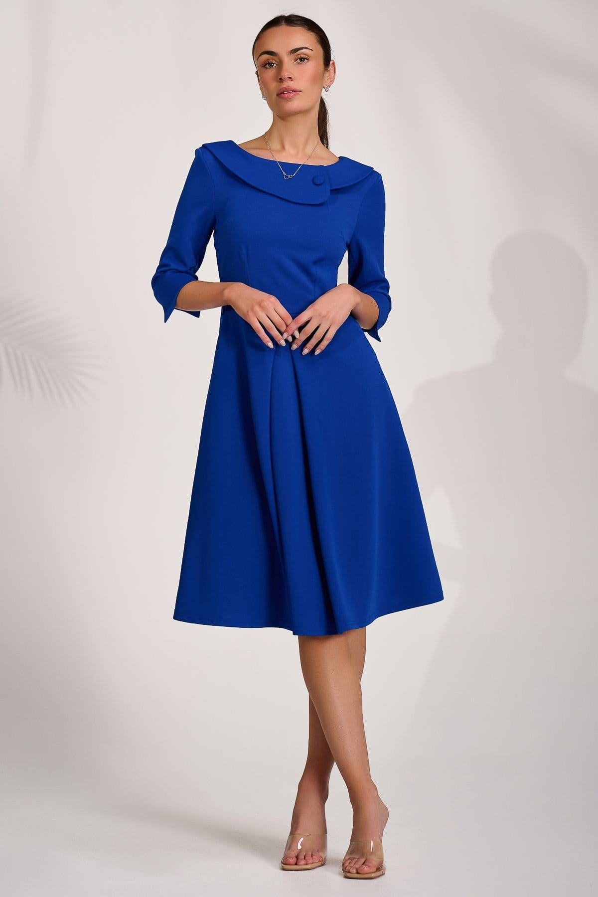 Jolie Moi Jolie Moi Women's ¾ Sleeve Fold Neck Midi Dress in Blue - 4