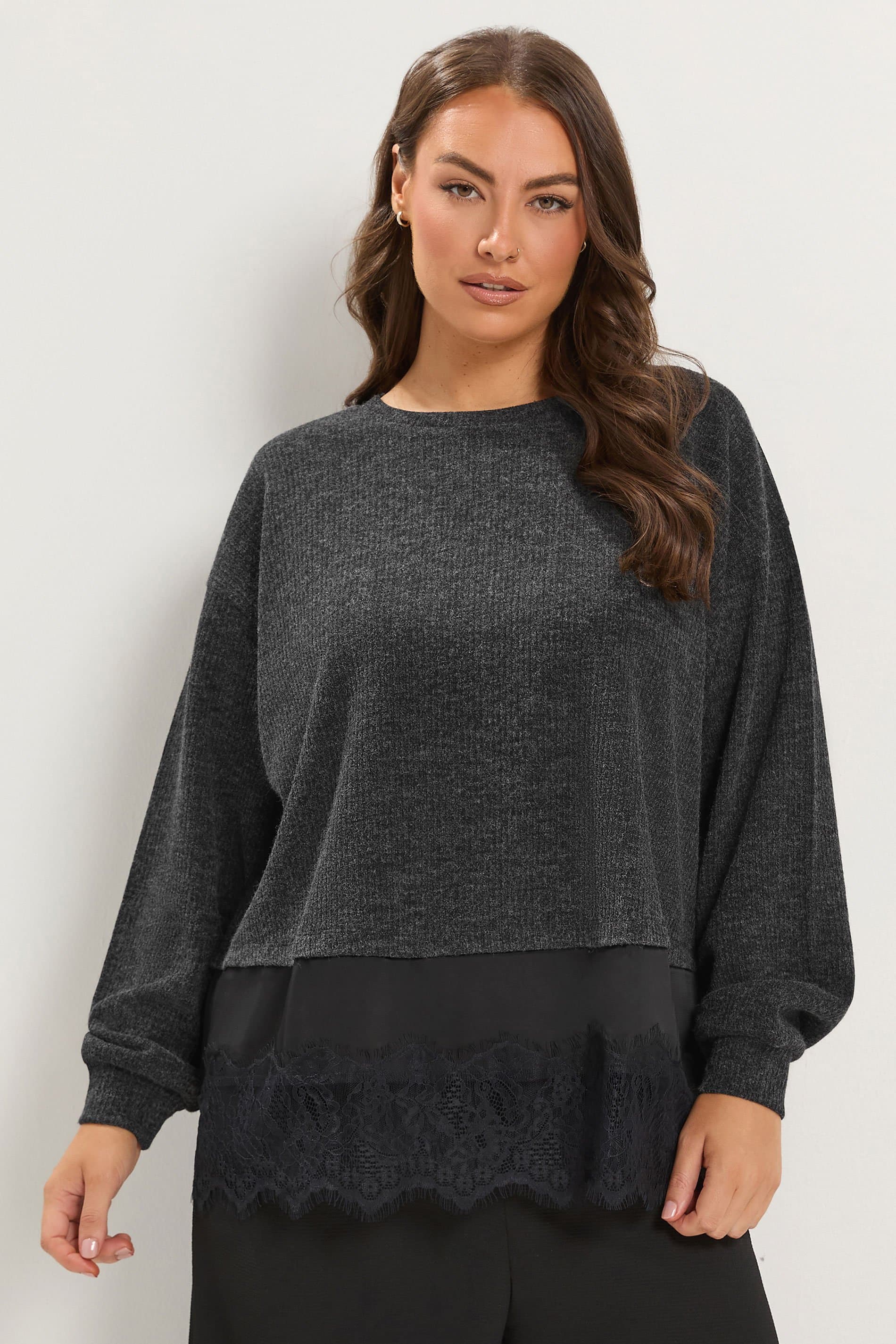 Yours Plus Size Grey Lace Hem Top