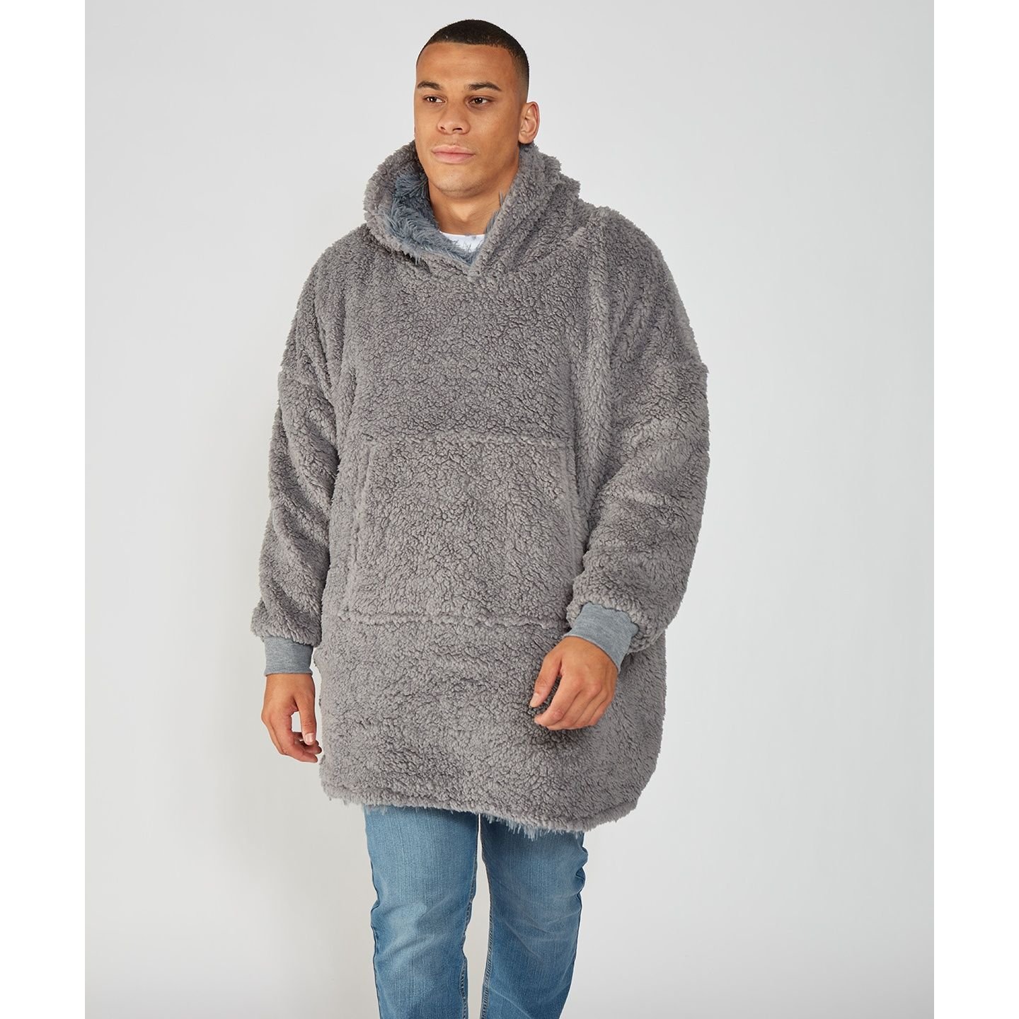 Ribbon Ribbon Men's Sherpa Reversible Oversized Hoodie in Grey - 4