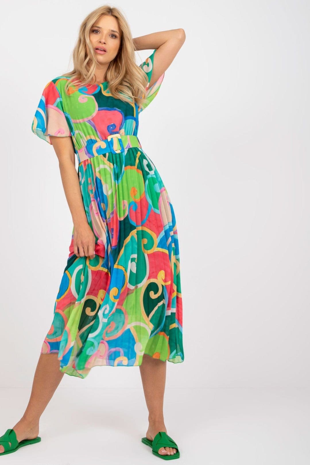 Love Lace Green Floral Print Flared Belted Dress