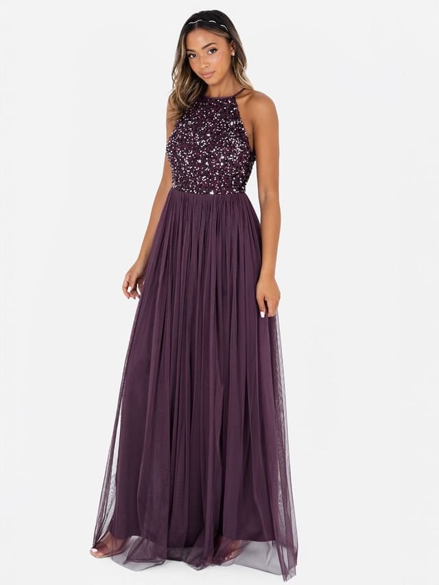 Maya Deluxe Maya Deluxe Women's Embellished Halter Neck Maxi Dress in Grape - 2