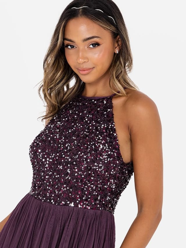 Maya Deluxe Maya Deluxe Women's Embellished Halter Neck Maxi Dress in Grape - 3