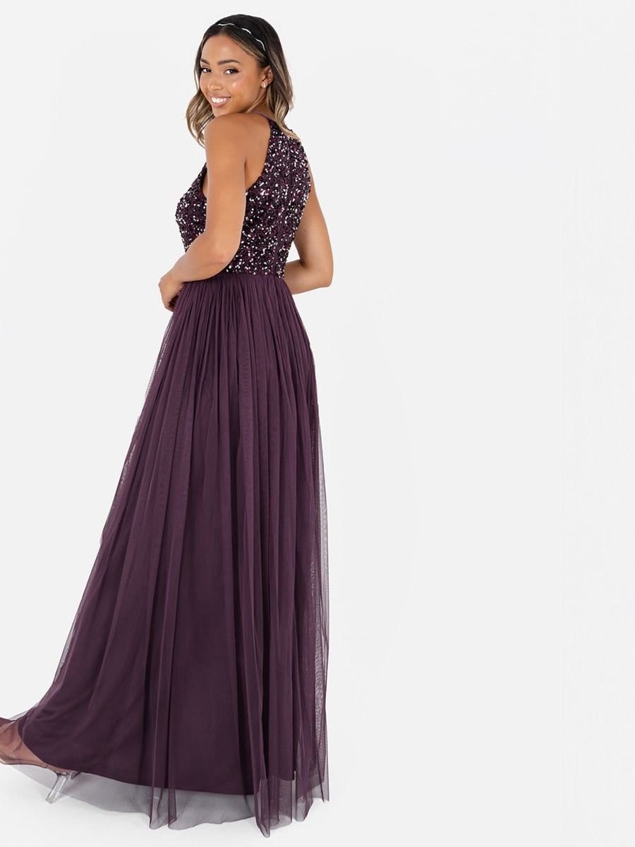 Maya Deluxe Maya Deluxe Women's Embellished Halter Neck Maxi Dress in Grape - 4