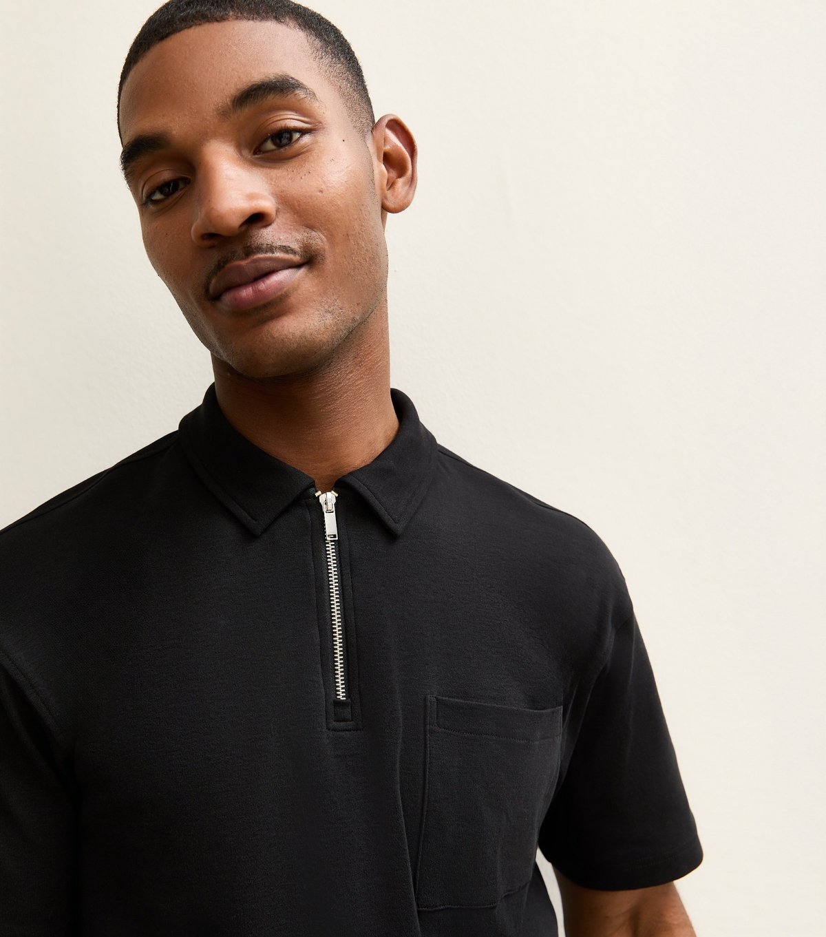 New Look Men's Black Relaxed Quarter Zip Polo Top New Look - 2