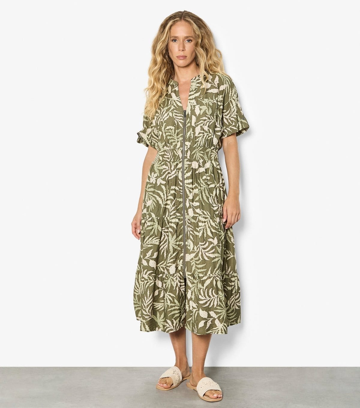 Apricot Women's Light Khaki Palm Print Zip Front Midi Dress