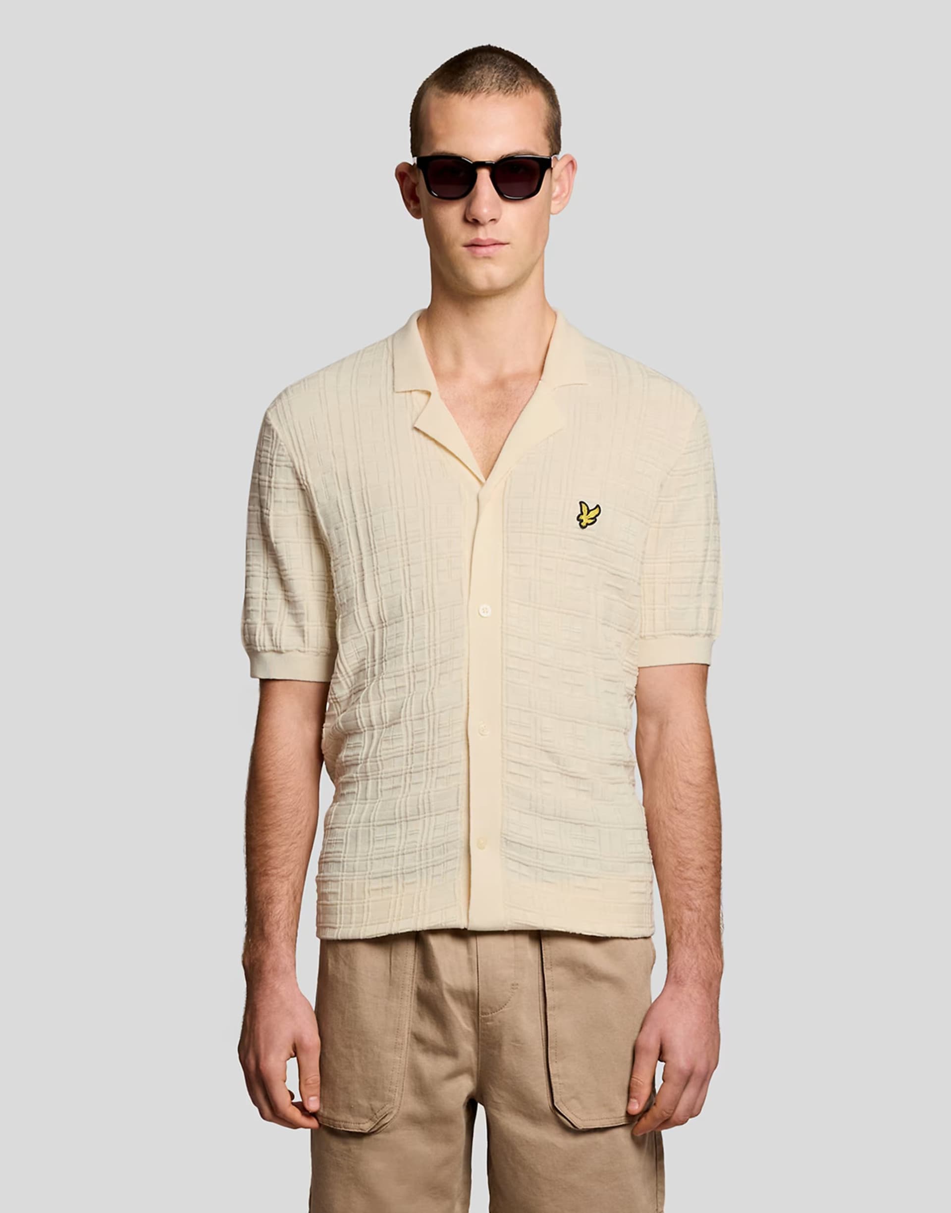 ASOS Lyle & Scott Mid knits jacquard check knitted resort shirt in y126 ice cream