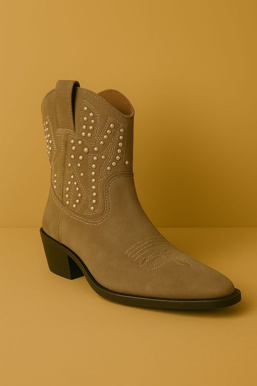 Down To Earth Down To Earth Women's Western Studded Suede Ankle Cowboy Boots with Pointed Toe & Low Heel in Taupe