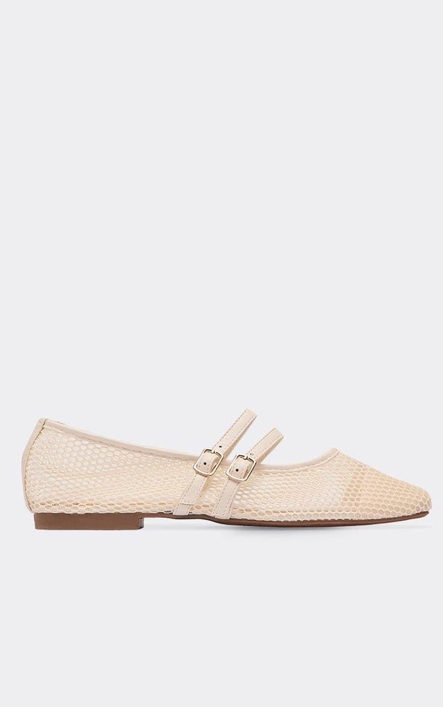 EGO Lettie Double Buckle Strap Mesh Detail Flat Ballet Pump In Cream Faux Leather, Women's Size UK 3 - 2