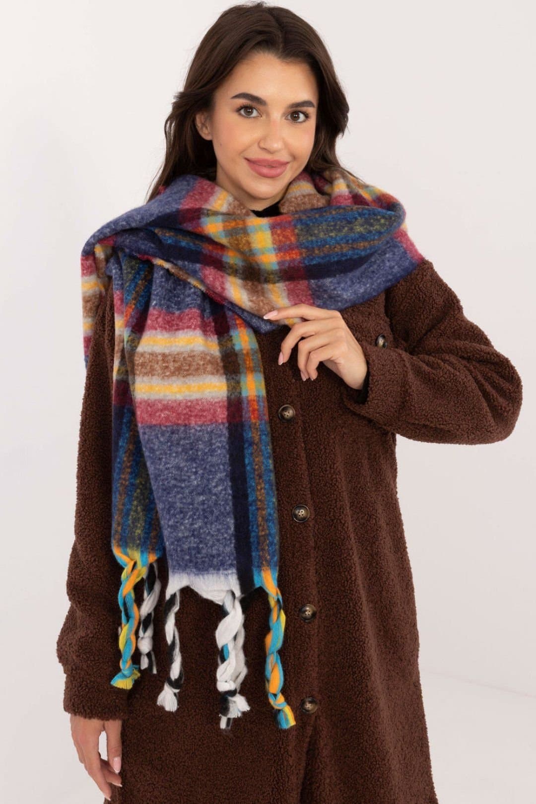 Love Lace Love Lace Women's Elegant Check Polyester Scarf with Tassels for Winter Style in Blue