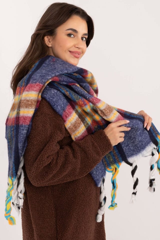 Love Lace Love Lace Women's Elegant Check Polyester Scarf with Tassels for Winter Style in Blue - 2