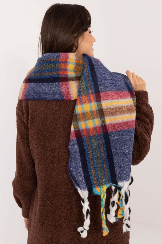 Love Lace Love Lace Women's Elegant Check Polyester Scarf with Tassels for Winter Style in Blue - 3