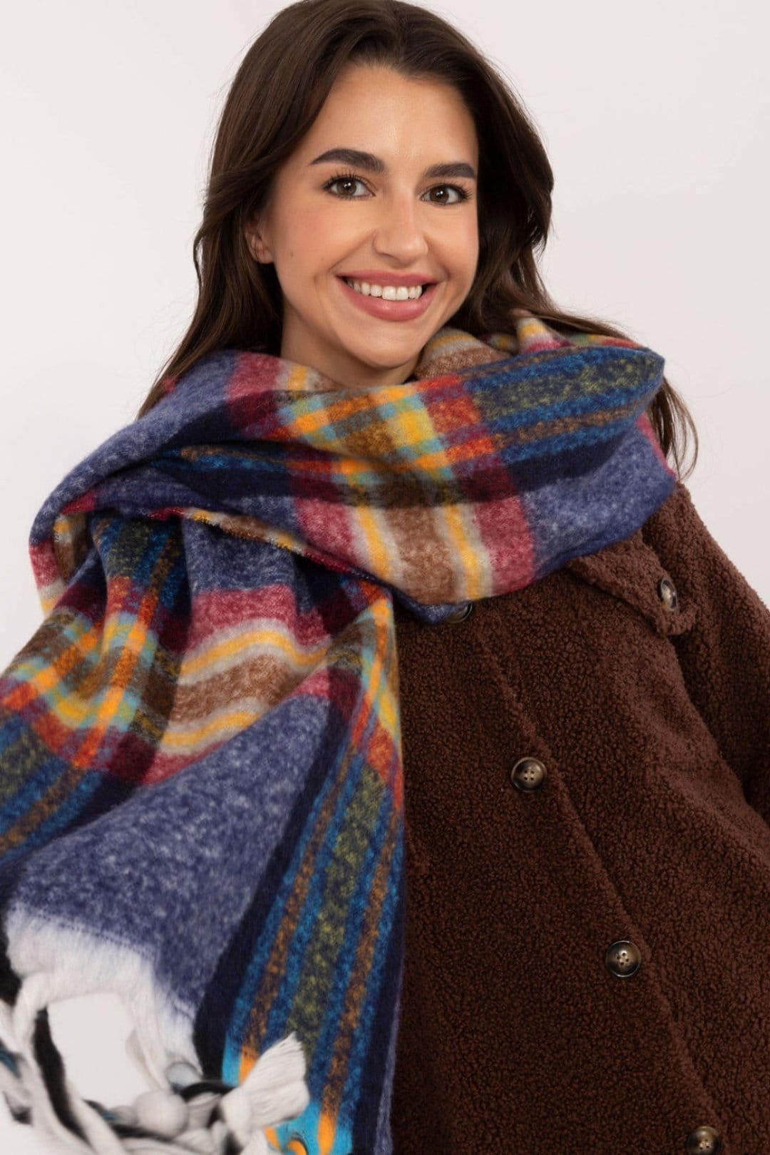 Love Lace Love Lace Women's Elegant Check Polyester Scarf with Tassels for Winter Style in Blue - 4