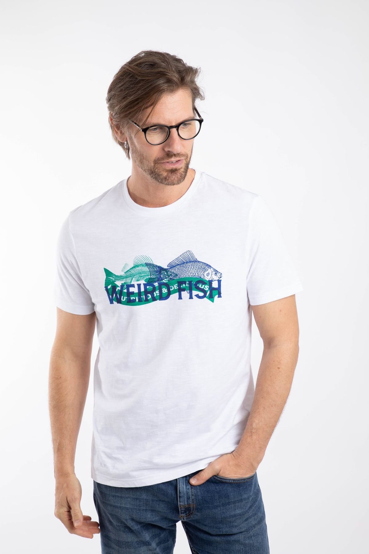 Weird Fish Weird Fish Men's Fishmonger Front Print Graphic T-Shirt in White - 1