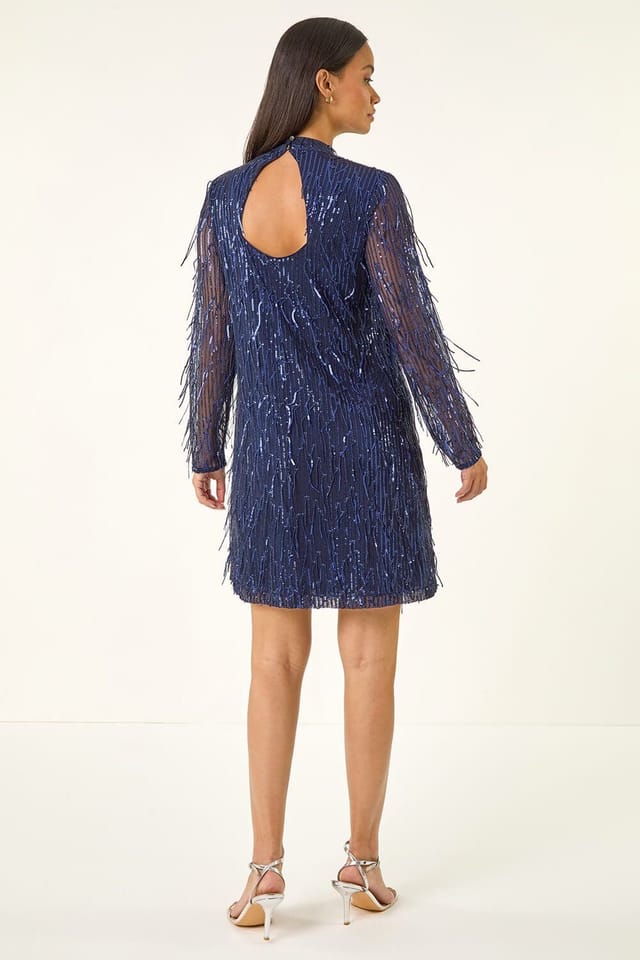Dusk Dusk Women's All Over Fringe Shift Dress in Navy - 3
