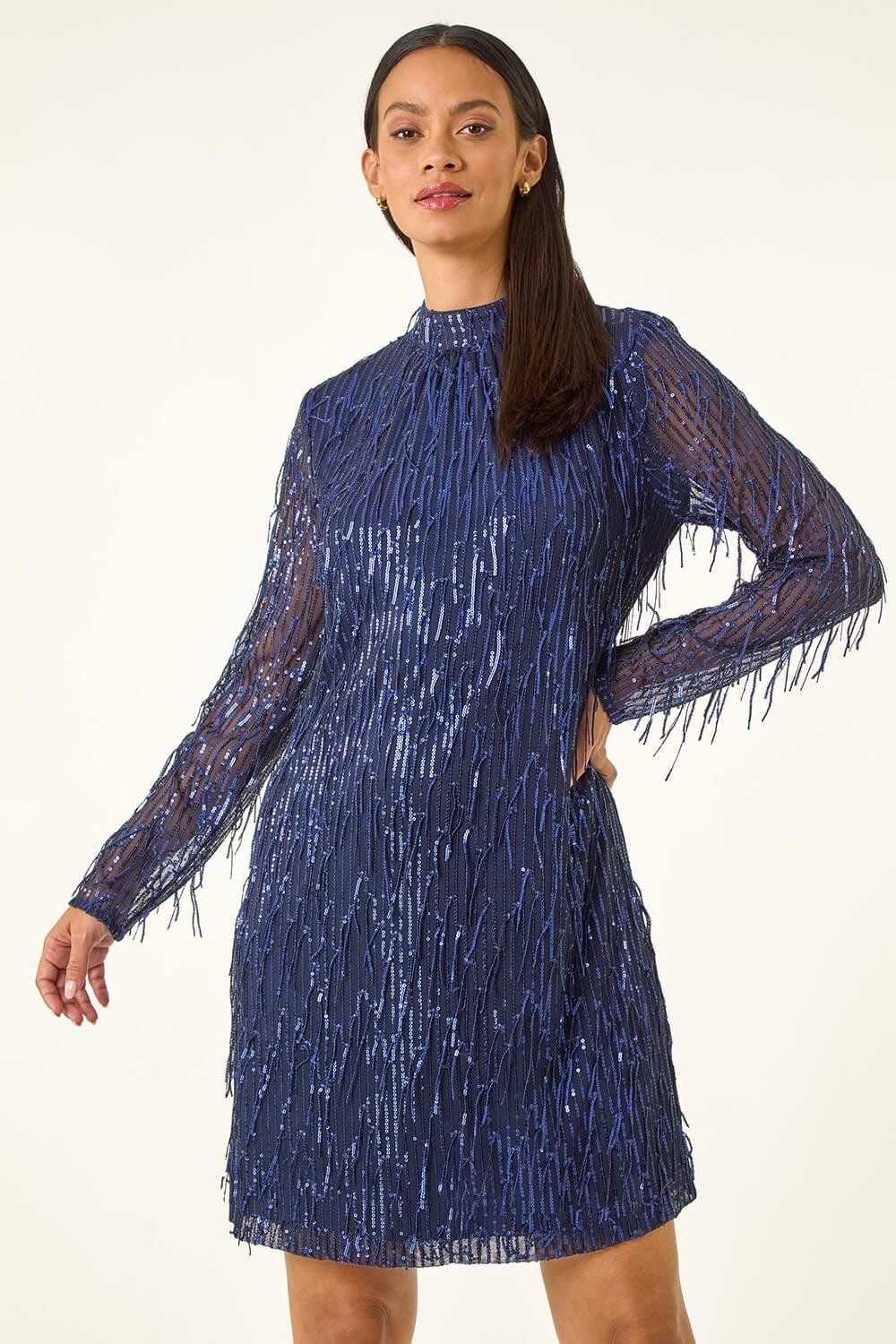 Dusk Dusk Women's All Over Fringe Shift Dress in Navy - 4