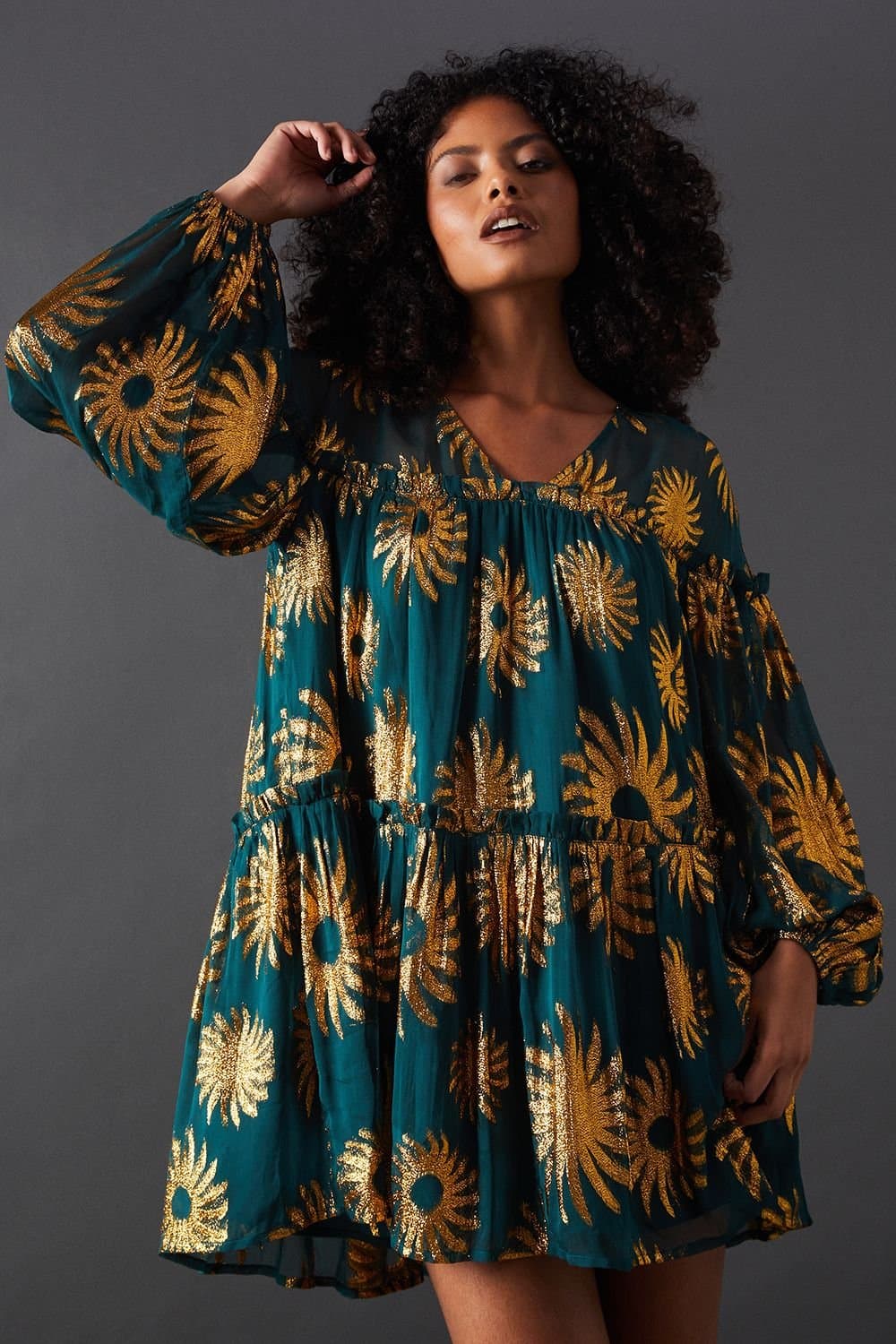 Warehouse Warehouse Women's Sun Metallic Jacquard Frill Detail Mini Smock Dress in Dark Green